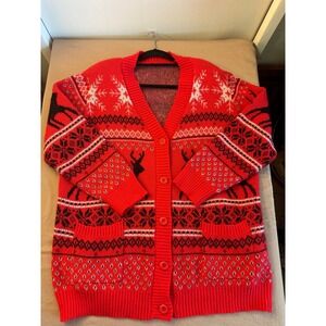 Christmas Sweater Fair Isle Reindeer Button Front Cardigan Women's 2XL Cozy Ugly